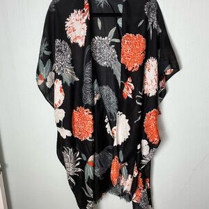 Floral Open Kimono Cardigan - Black with Orange & Cream Flowers